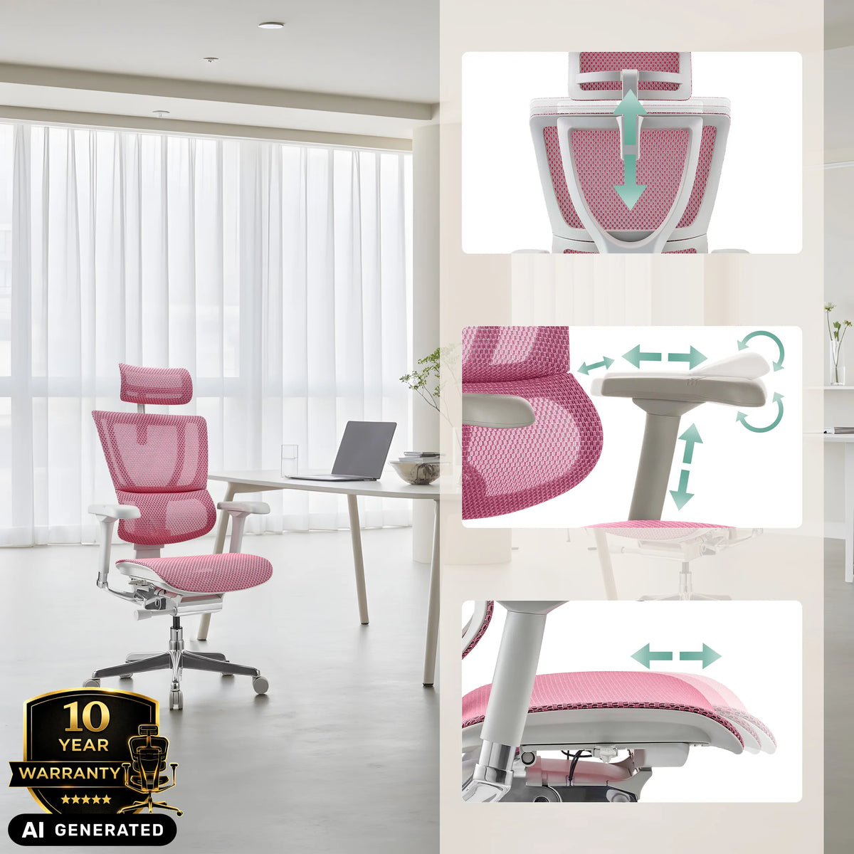 Funzioni regolabili della poltrona di lusso ERGOHUMAN SLIM G GEN2 in rosa di hjh OFFICE (immagine generata dall’IA)