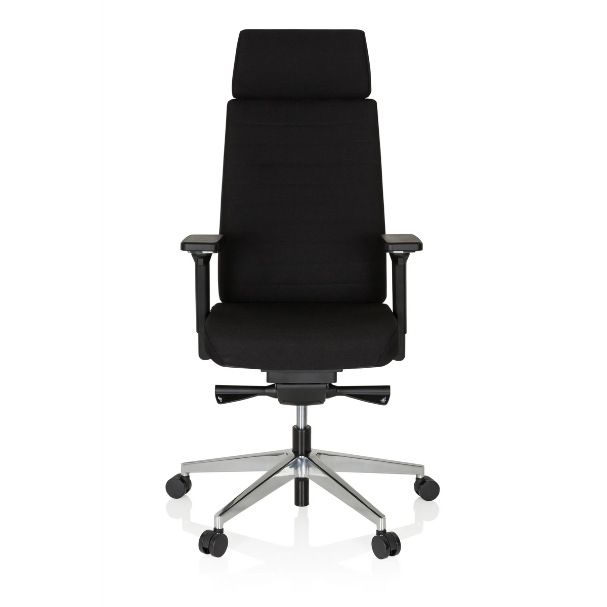 Sedia da ufficio professionale MOVE-TEC PRO 3D nera con poggiatesta e base a cinque ruote di hjh OFFICE – vista a 360° (vista frontale 0°)