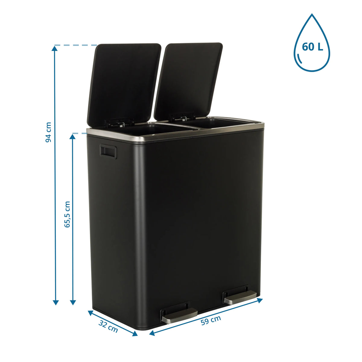 Disegno dimensionale del cestino CLEAN XI con un'altezza di 94 cm e una capacità di 60 l di hjh OFFICE