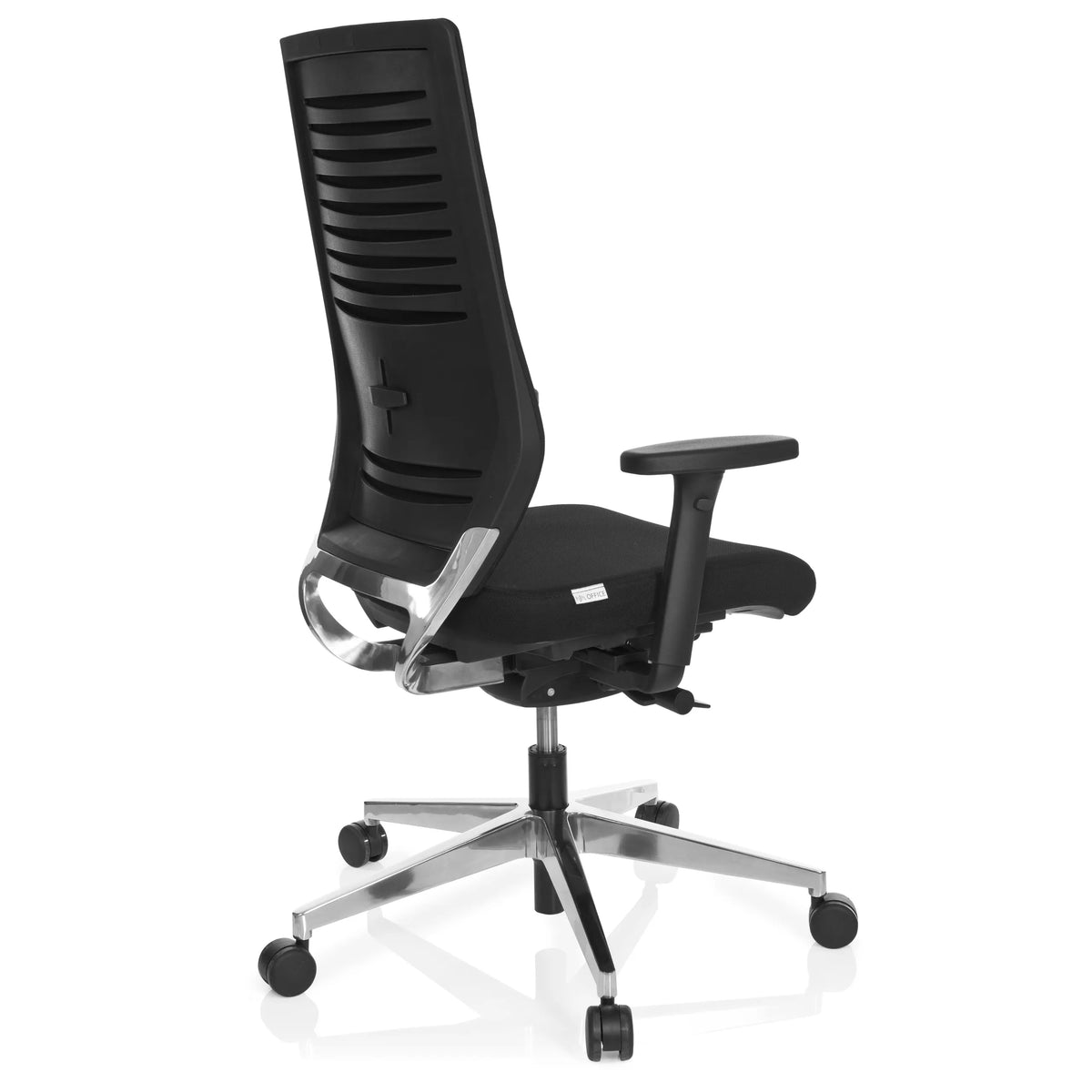 Sedia da ufficio professionale PRO-TEC 700 nera con braccioli e base lucida a cinque ruote di hjh OFFICE – vista a 360° (vista posteriore a tre quarti 120°)