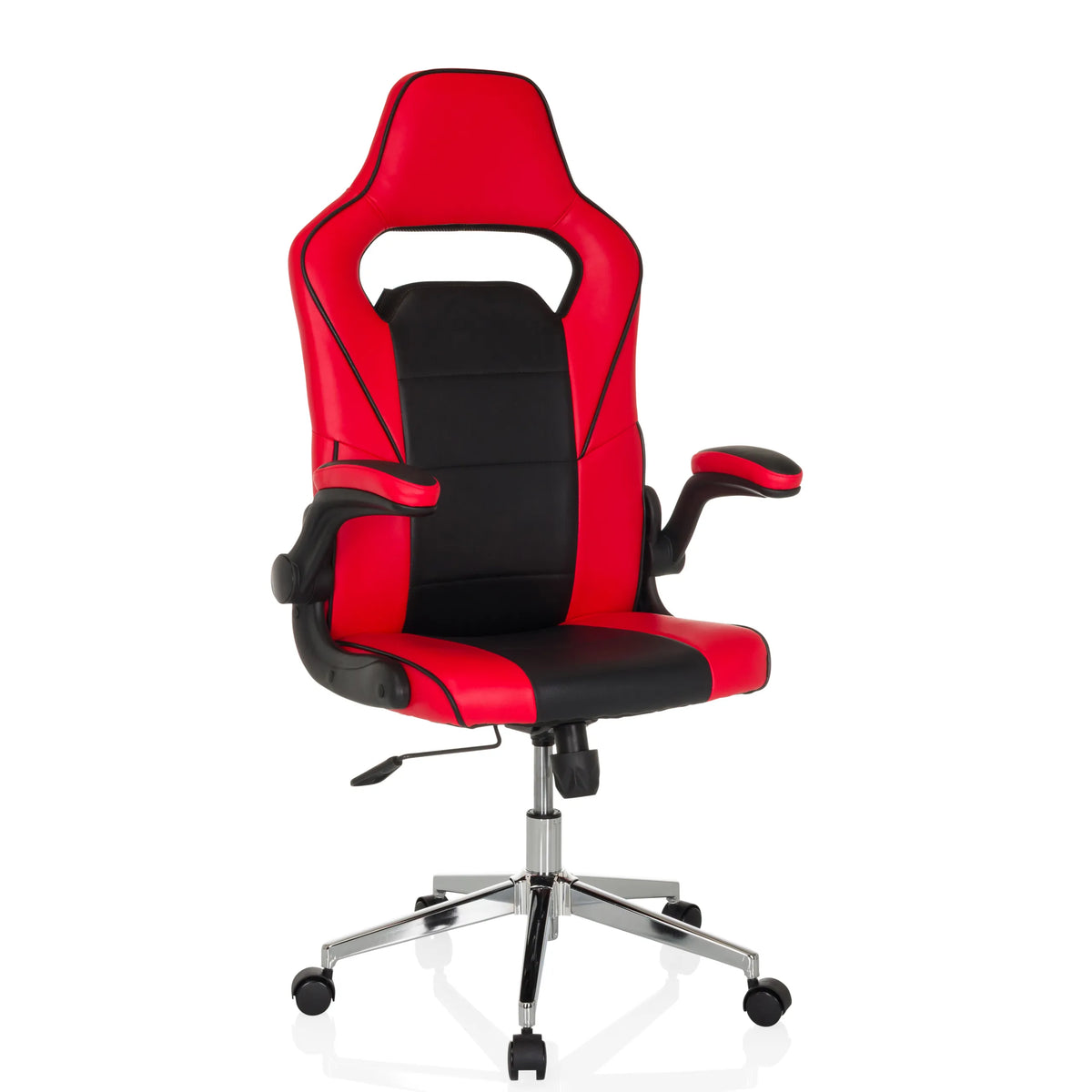 Sedia da gaming GAME SPORT PRO rosso-nera con braccioli e base a cinque ruote di MyBuero – vista a 360° (vista frontale 15°)