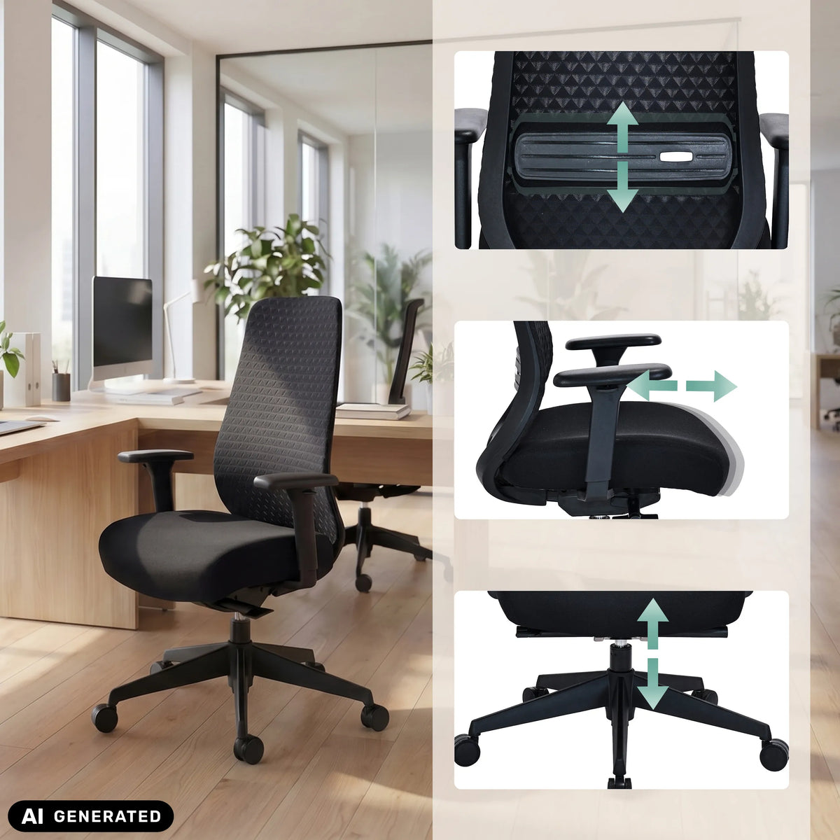 Funzioni di regolazione in altezza della sedia da ufficio professionale Verviq in nero di hjh OFFICE (immagine generata dall’IA)