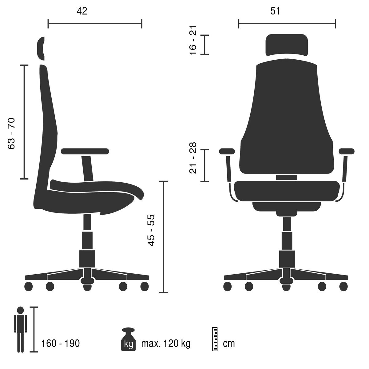 Disegno tecnico della Sedia da ufficio professionale Ergomy Pro con una portata massima di 120 kg di hjh OFFICE
