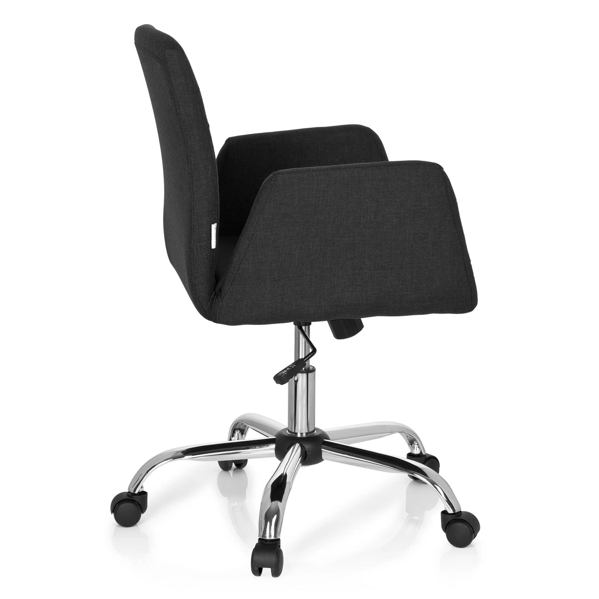 Sedia Home Office FLOW nera con braccioli e base cromata a cinque ruote di hjh OFFICE – vista a 360° (profilo laterale 100°)