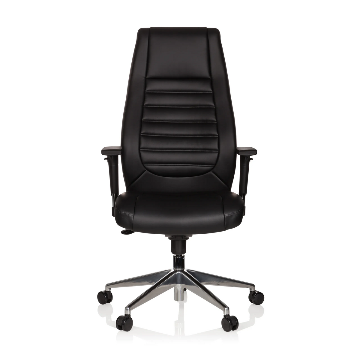 Poltrona professionale VITORO nera con schienale trapuntato e base a cinque ruote di hjh OFFICE – vista a 360° (vista frontale 0°)
