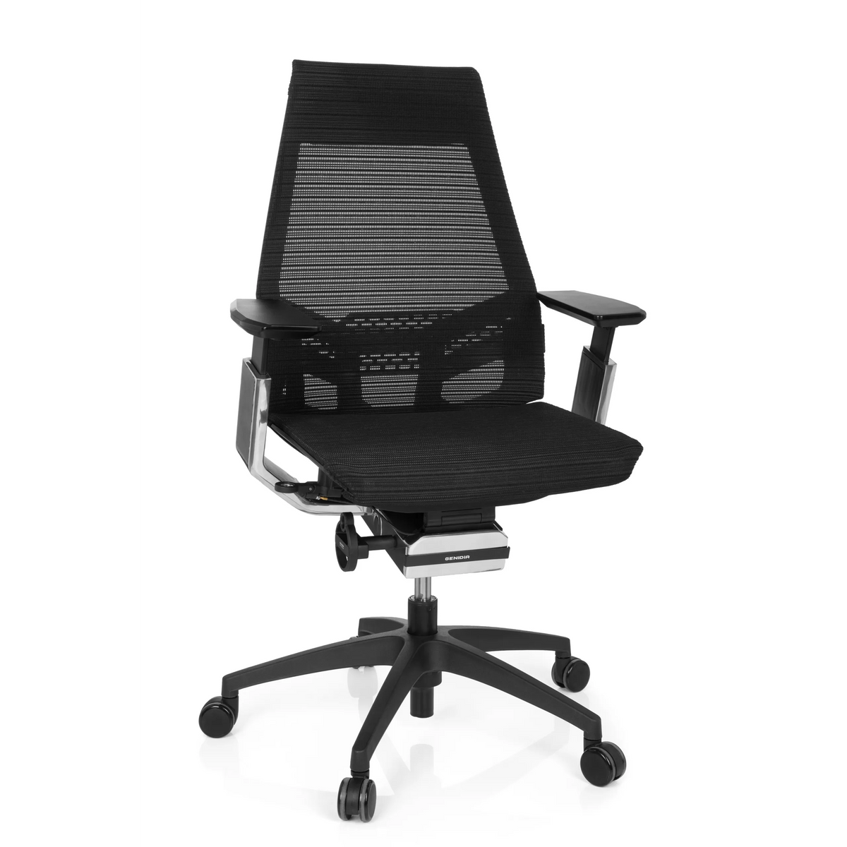 Sedia da ufficio professionale GENIDIA SMART BLACK CM nera con schienale in rete e base a cinque ruote di hjh OFFICE – vista a 360° (vista frontale 20°)