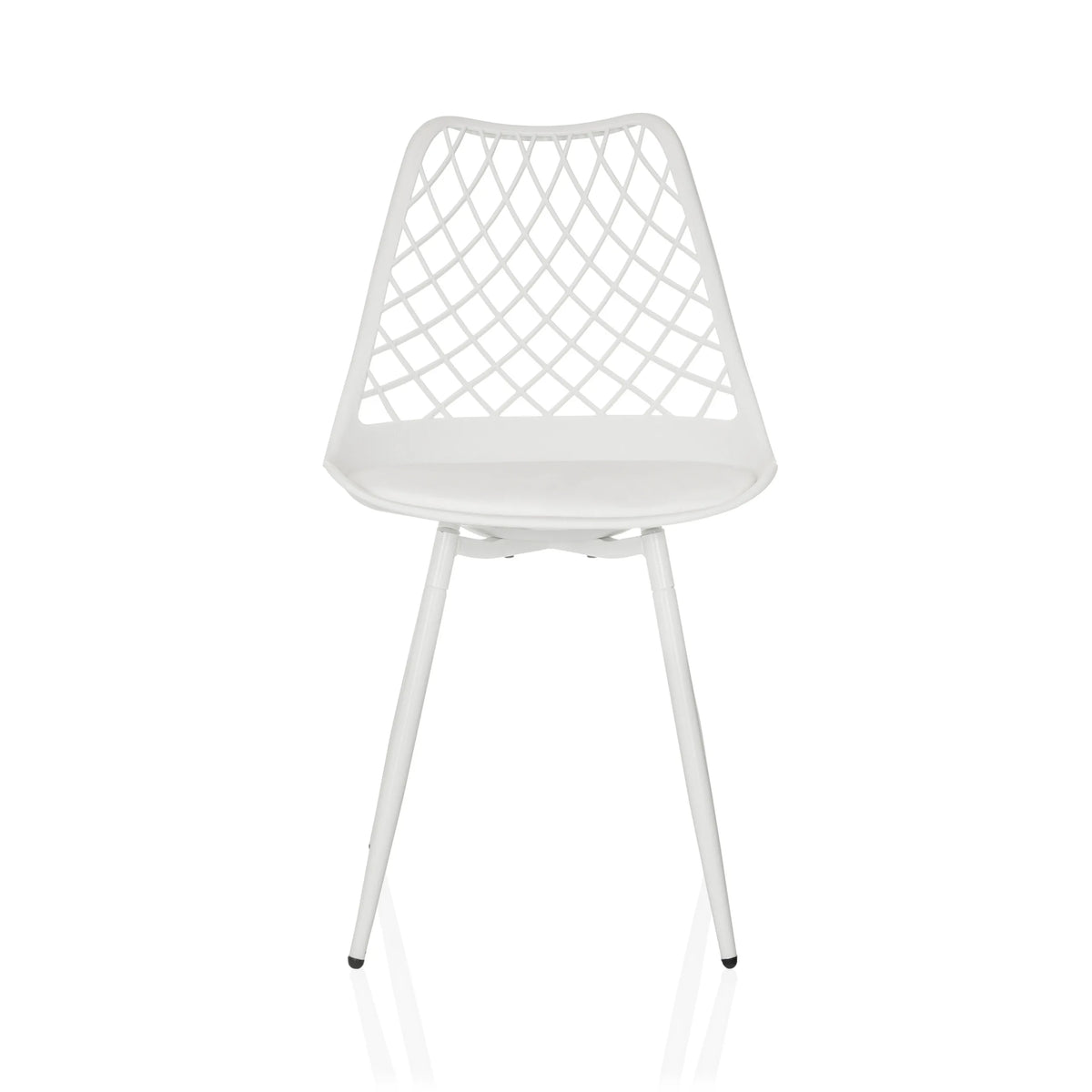 Sedia da esterno bianca BEGIO S con schienale a griglia e quattro gambe di hjh LIVING – vista a 360° (vista frontale 0°)