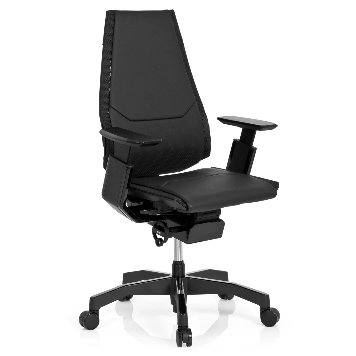 High-end Sedia da ufficio GENIDIA BLACK in pelle nera con braccioli e base a cinque ruote di hjh OFFICE – vista a 360° (vista frontale a tre quarti 40°)