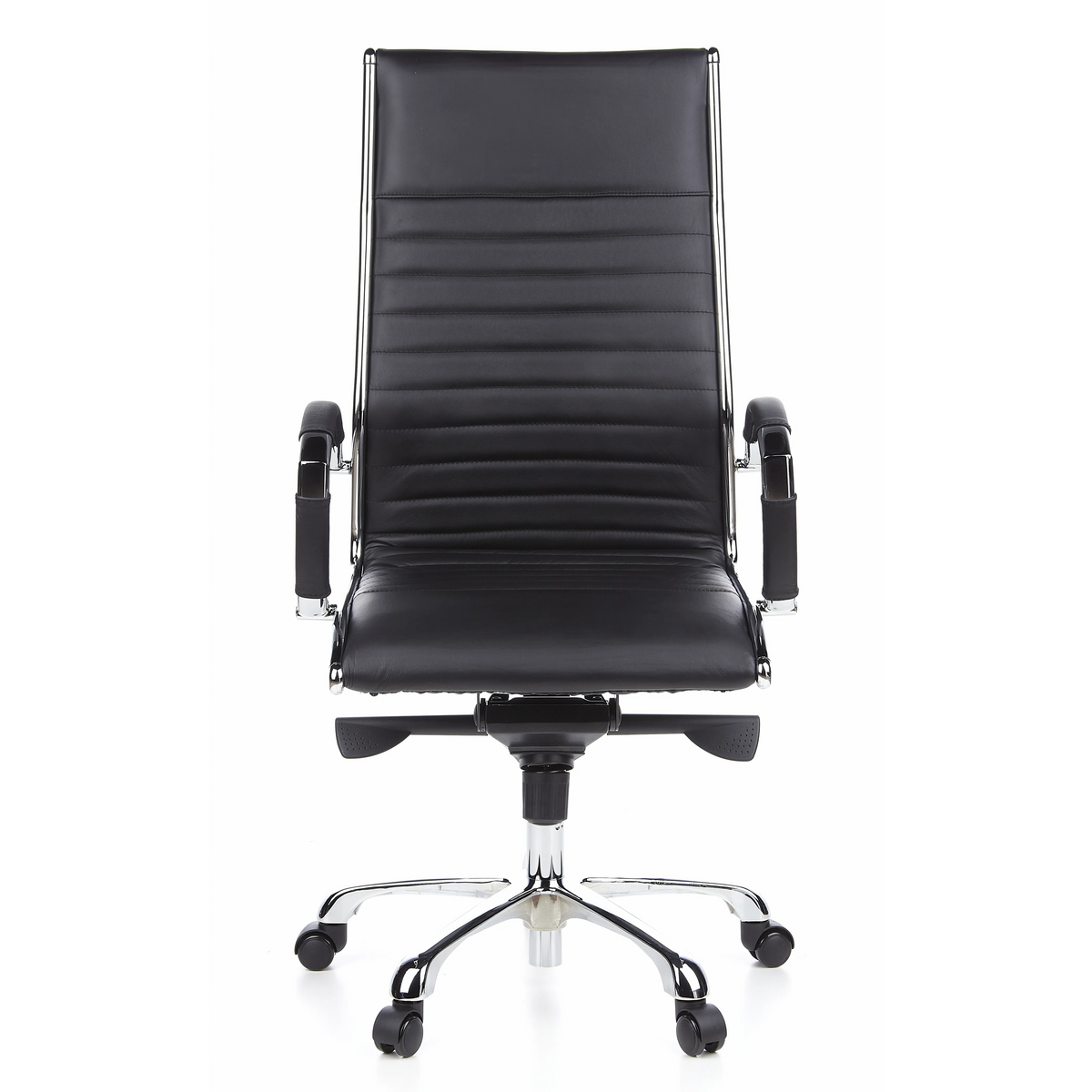 Poltrona professionale PARMA 20 nera con rivestimento in pelle trapuntata e base a cinque ruote di hjh OFFICE – vista a 360° (vista frontale 0°)
