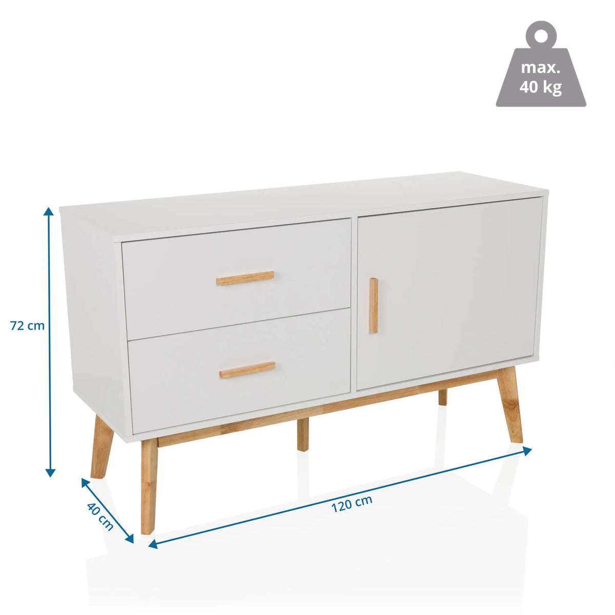 Vista dimensionale della Madia TAROLO con 120 × 40 cm e un carico massimo di 40 kg di hjh LIVING