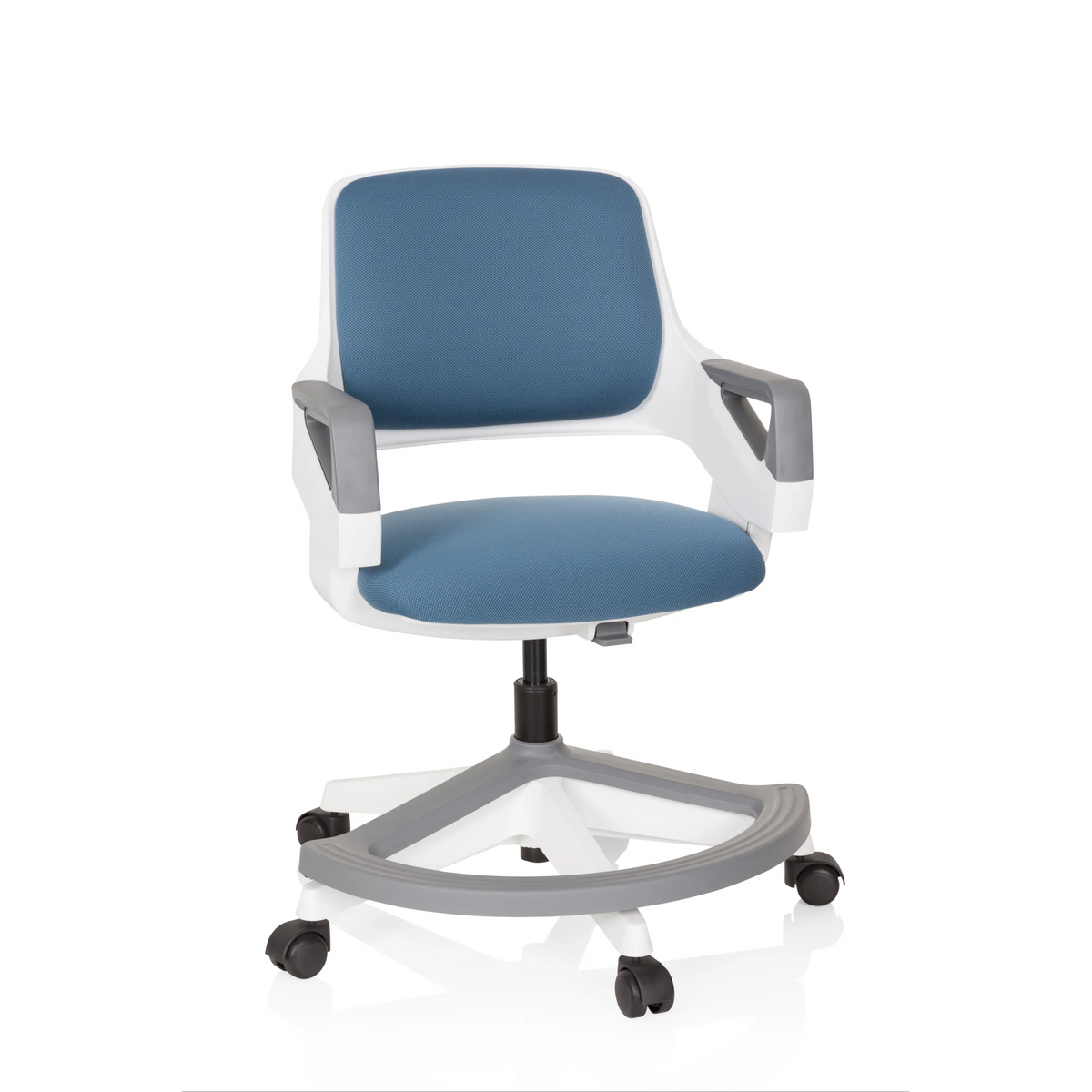 Sedia girevole per bambini KID FLEX blu grigio con braccioli e base a cinque ruote di hjh OFFICE – vista a 360° (vista frontale 20°)