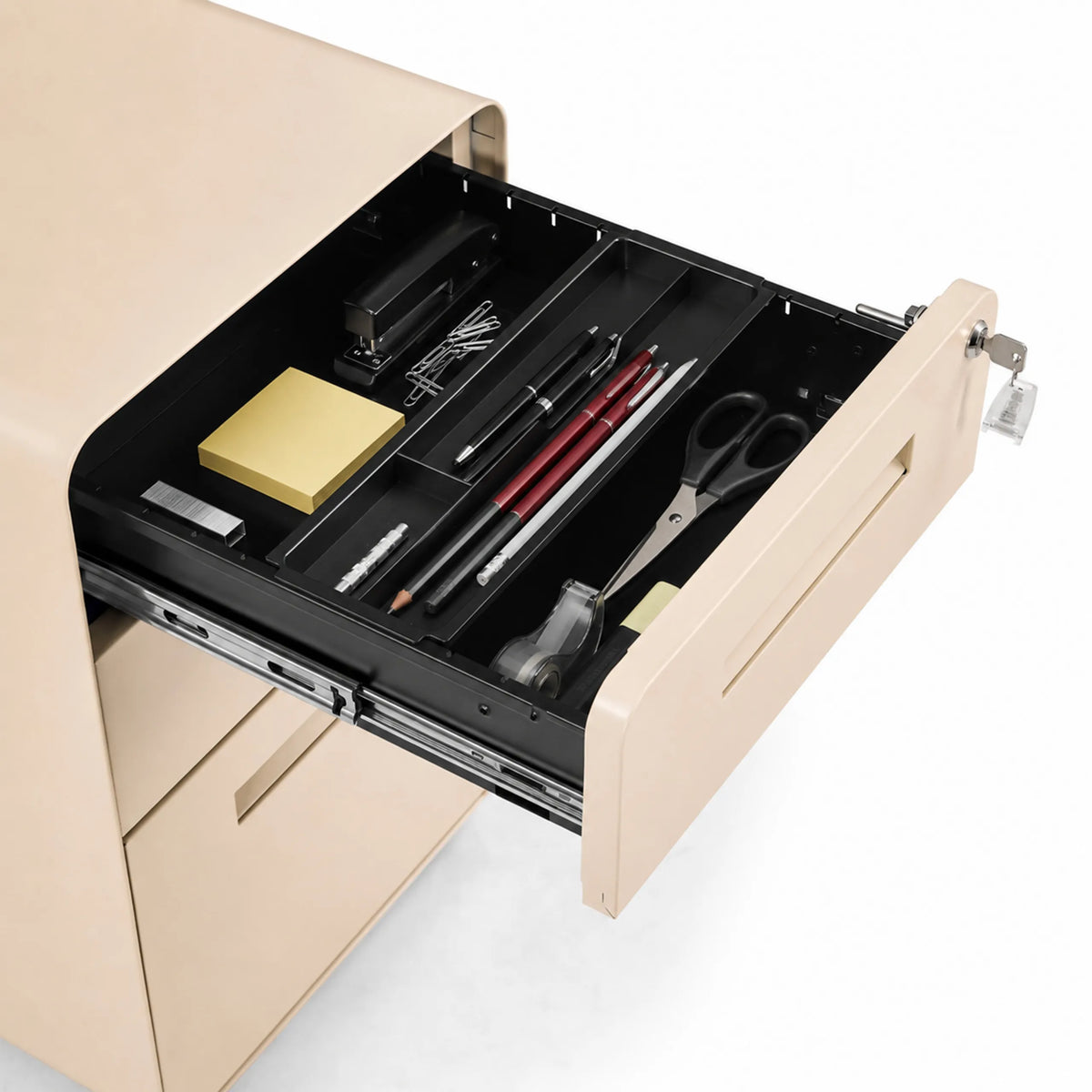 Cassetto aperto con organizer e articoli da ufficio della cassettiera con rotelle COLOR PLUS I in beige di hjh OFFICE