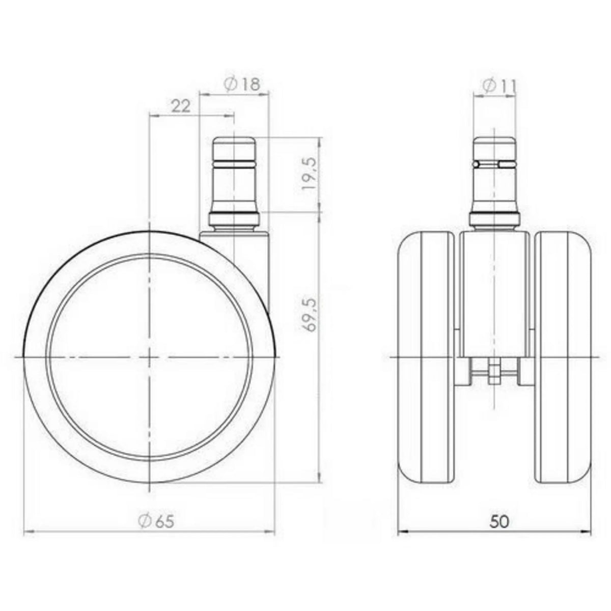 Disegno tecnico delle Rotelle per Sedia 5x ROLO 11mm/65mm con un diametro di 65 mm di hjh OFFICE