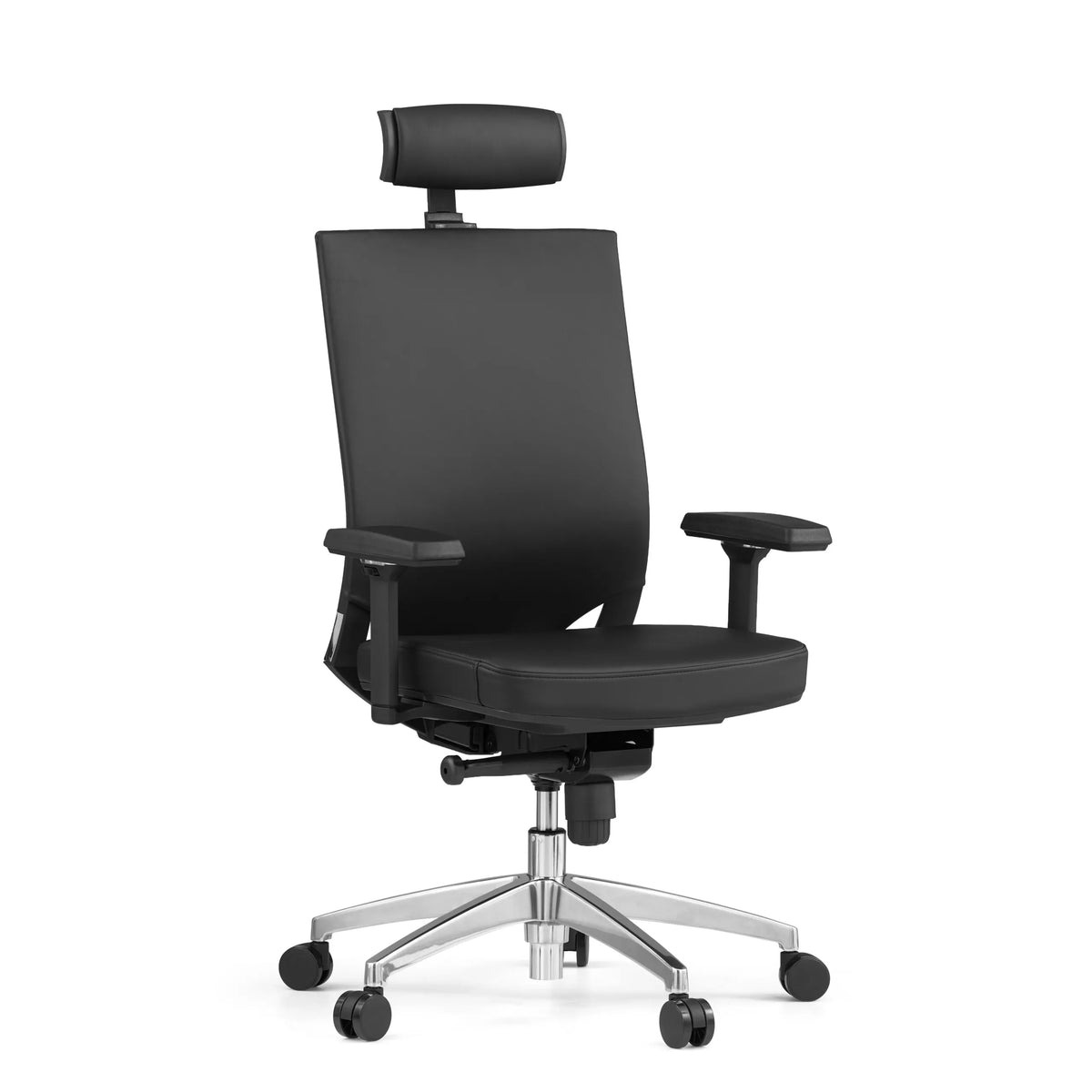 Sedia da ufficio professionale PORTO MAX HIGH nera in pelle con poggiatesta e base a cinque ruote di hjh OFFICE – vista a 360° (vista frontale a tre quarti 30°)