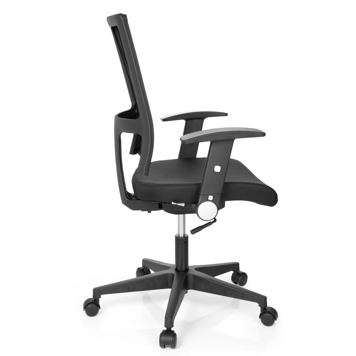 Sedia Home OFFICE R8 nera con schienale in rete e base a cinque ruote di hjh OFFICE – vista a 360° (profilo laterale 100°)