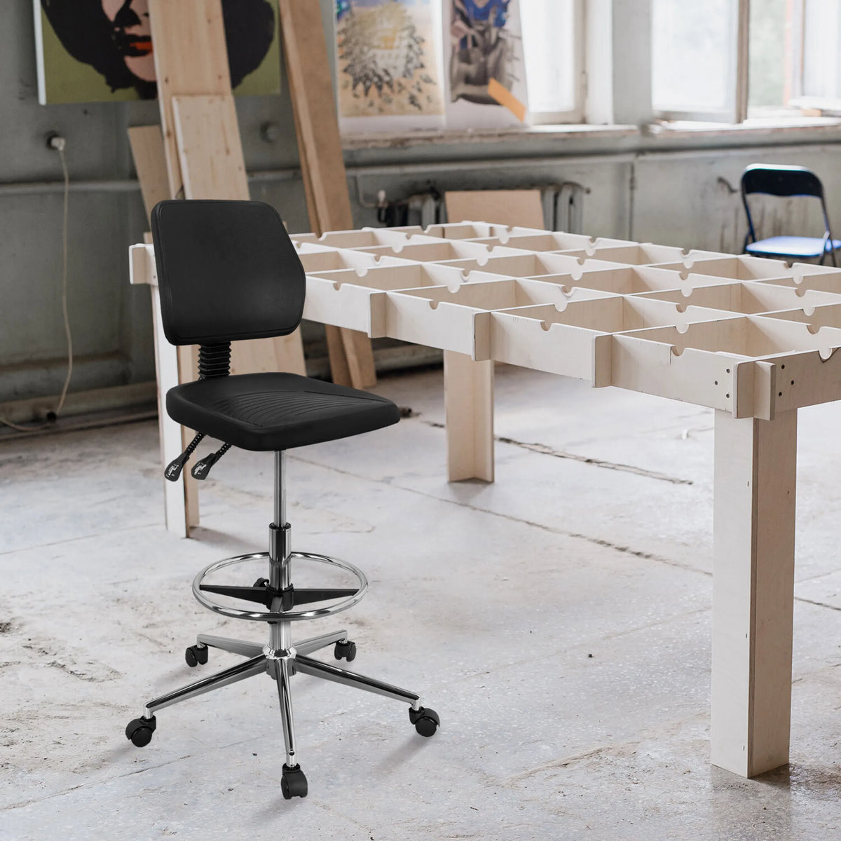 Sedia da banco TOP WORK 11 I nera con poggiapiedi e base a cinque razze su ruote di hjh OFFICE