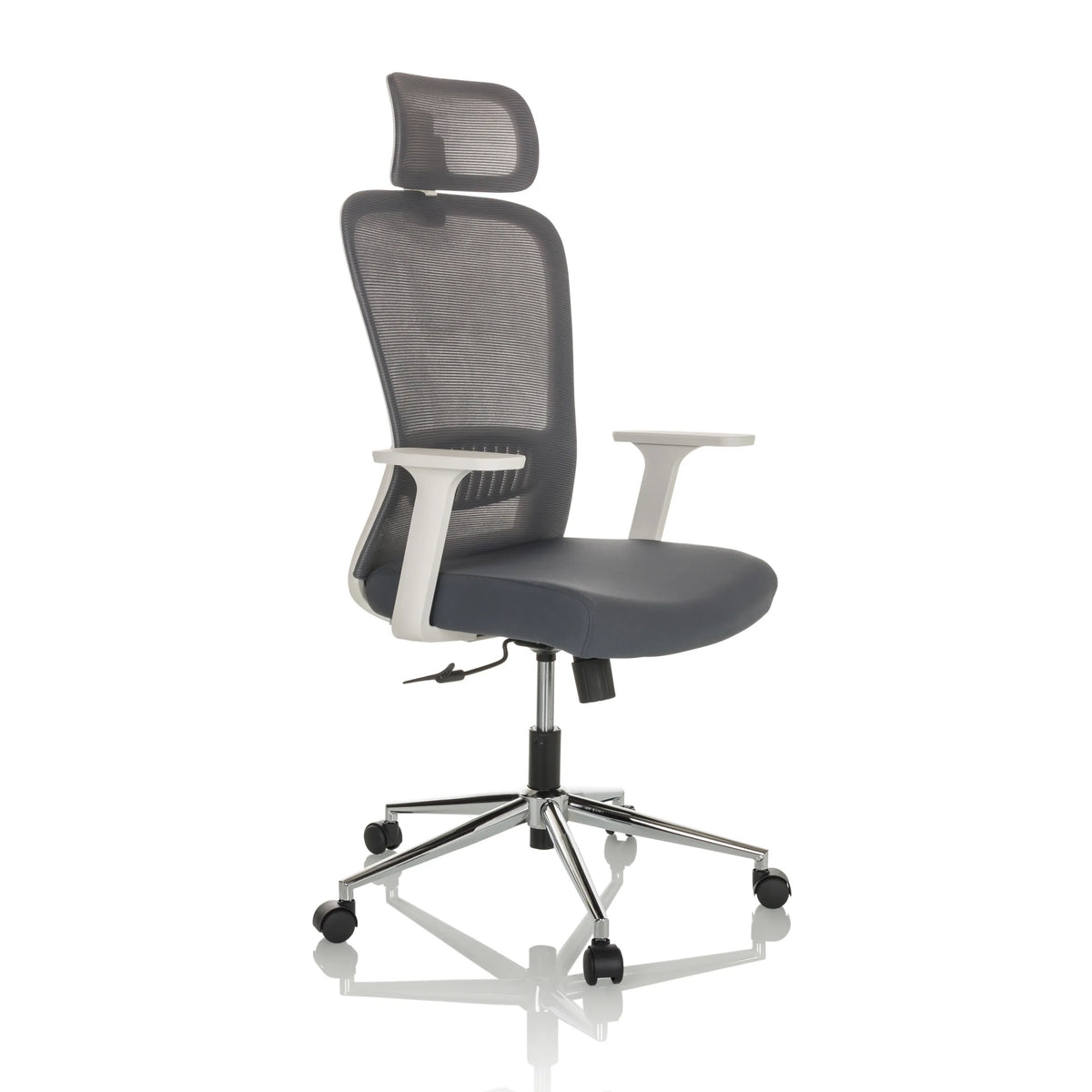 Sedia Home Office BELAIA W grigia con schienale in rete, poggiatesta e base a cinque ruote di hjh OFFICE – vista a 360° (vista frontale a tre quarti 45°)