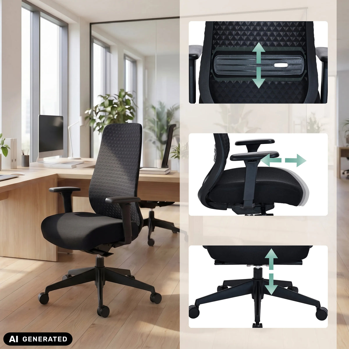 Funzioni di regolazione in altezza della sedia da ufficio professionale Verviq in nero di hjh OFFICE (immagine generata dall’IA)