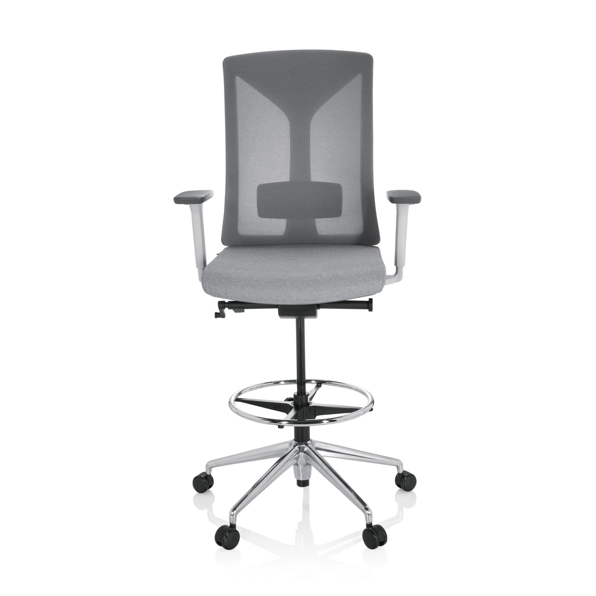 Sedia da banco HALIFAX WORK grigia con schienale in rete, poggiapiedi e base a cinque ruote di hjh OFFICE – vista a 360° (vista frontale 0°)
