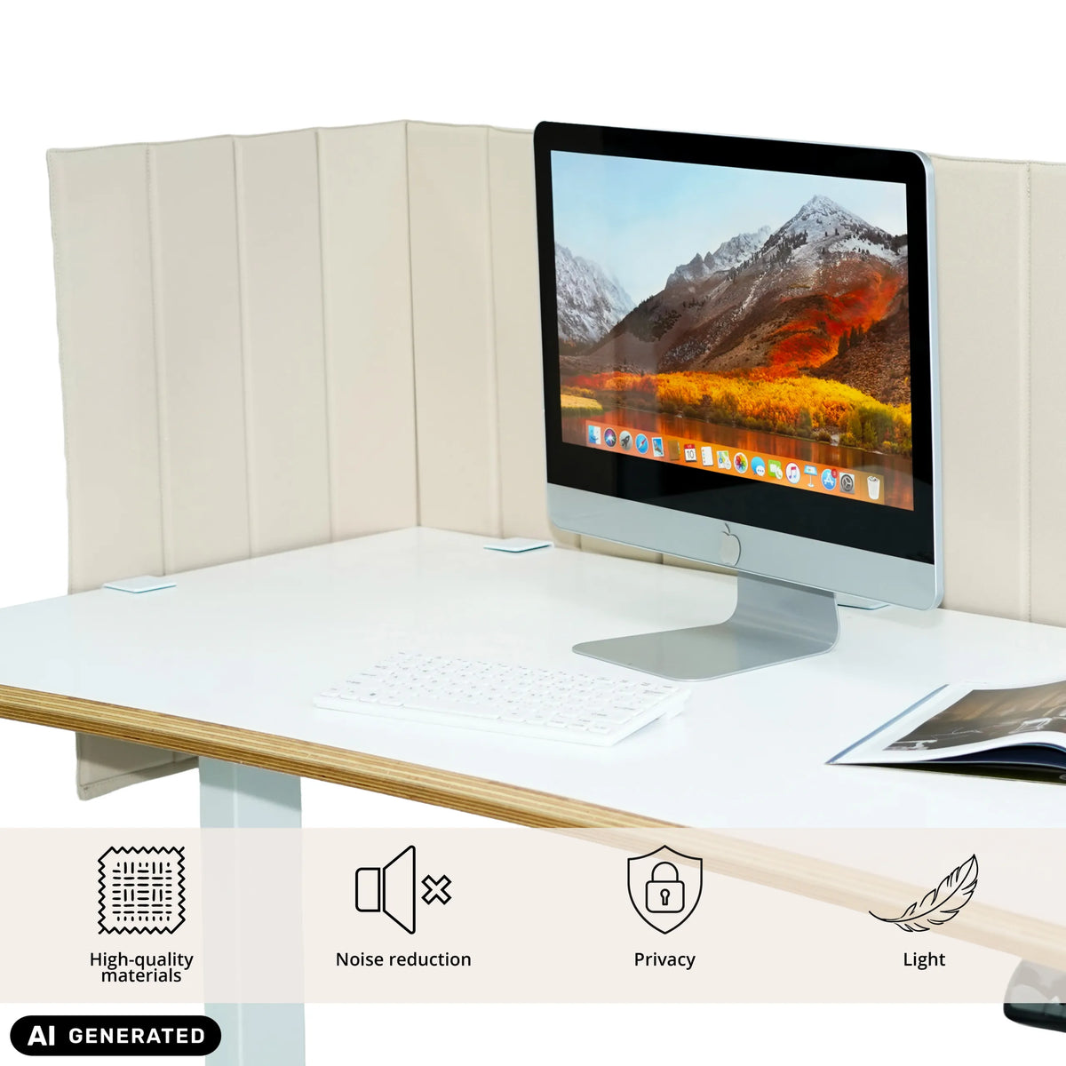 Divisorio per scrivania beige FLEXMIUT ROLL su una scrivania bianca con monitor e tastiera di hjh OFFICE