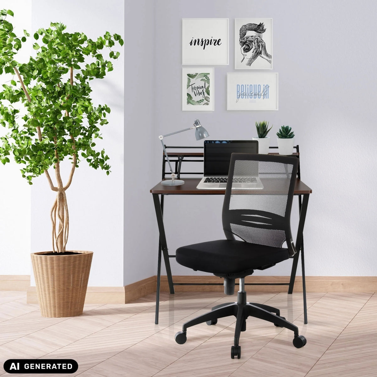 Sedia da ufficio professionale PORTO PRO nera con schienale in rete a una scrivania di hjh OFFICE (immagine generata dall’IA)
