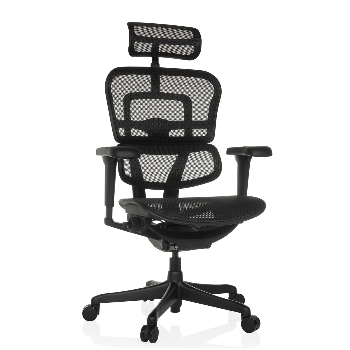 Poltrona di lusso ERGOHUMAN SIGNATURE GEN2 nera con schienale in rete, poggiatesta e base a cinque ruote di hjh OFFICE – vista a 360° (vista frontale 15°)