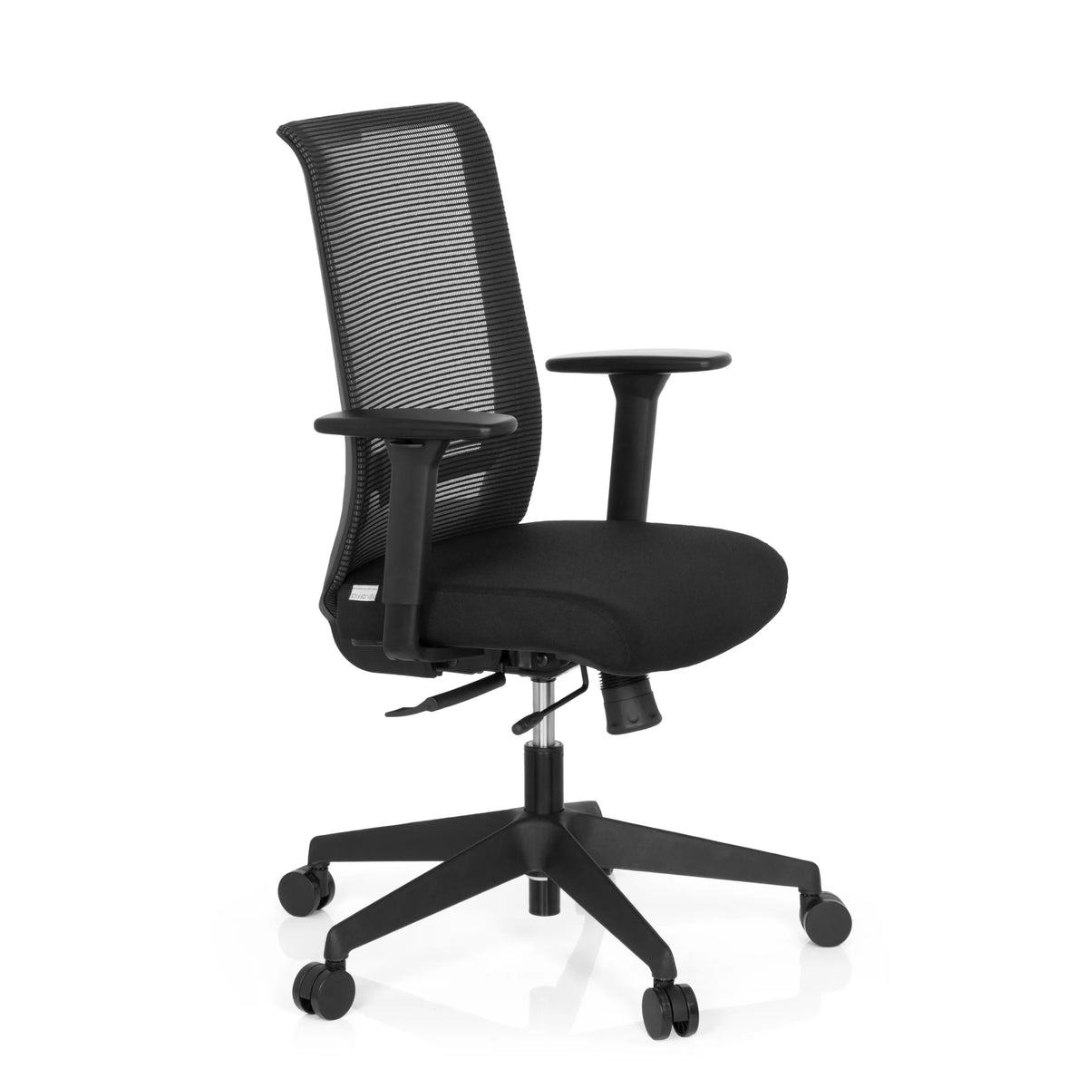 Sedia da ufficio professionale CONISTON nera con schienale in rete e base a cinque ruote di hjh OFFICE – vista a 360° (vista frontale a tre quarti 60°)