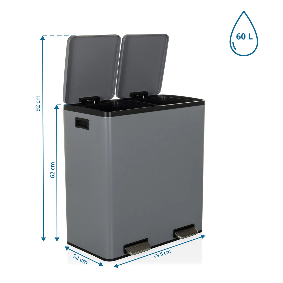 Vista dimensionale del cestino Clean 13 con capacità di 60 L e 58,5 x 32 cm di hjh OFFICE