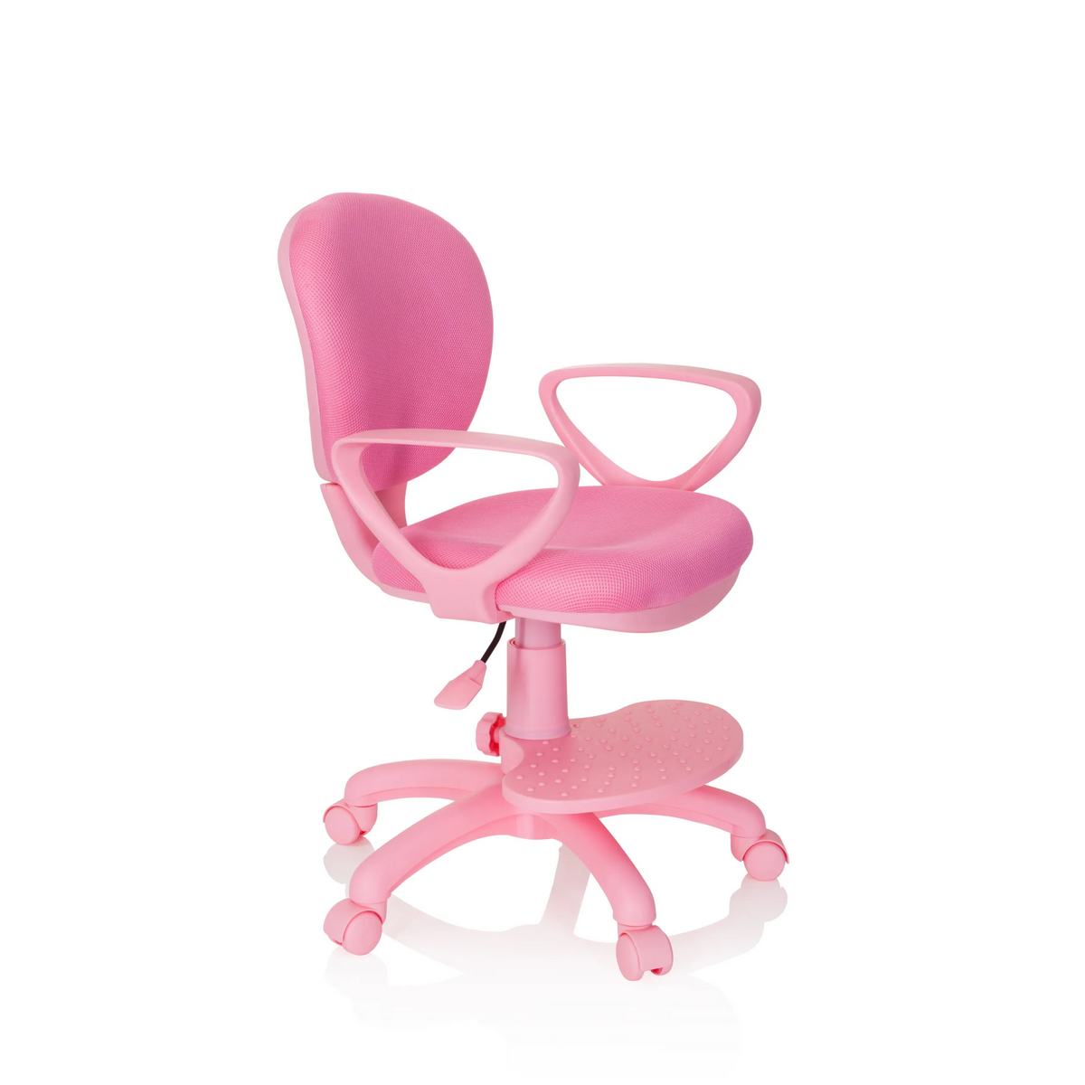 Sedia girevole per bambini KID COLOUR rosa con braccioli e base a cinque ruote di hjh OFFICE – vista a 360° (vista frontale a tre quarti 60°)