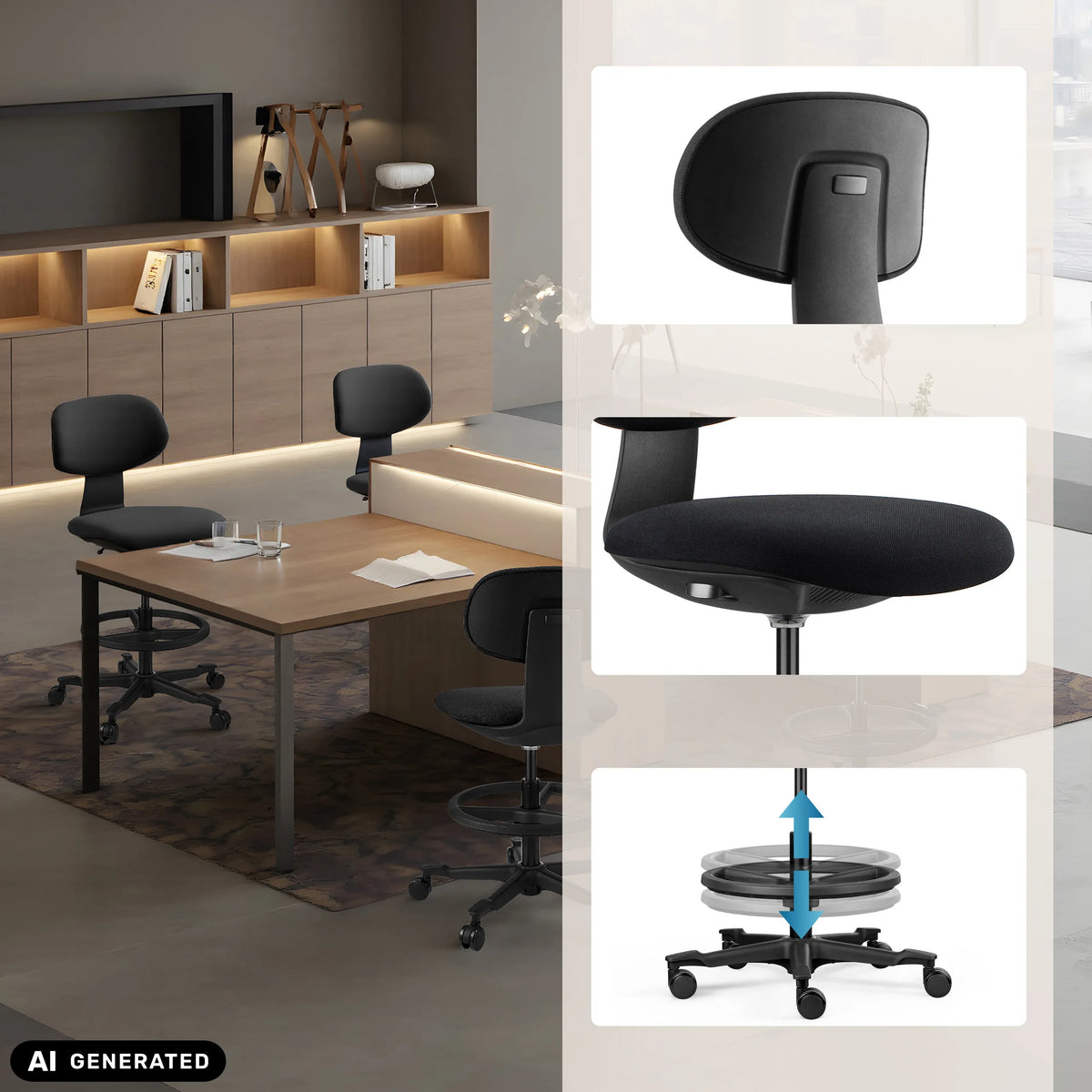 Sedia da lavoro WORK MF2 regolabile in altezza in nero con base a stella e rotelle di hjh OFFICE (immagine generata dall’IA)