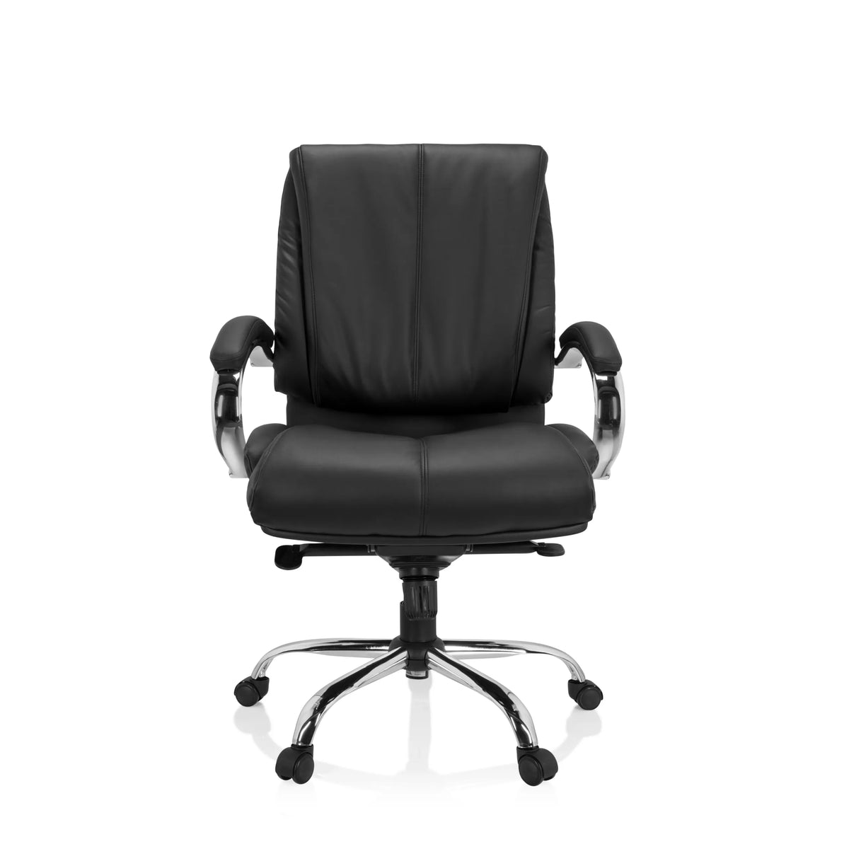 Sedia girevole XXL H 100 nera in ecopelle con base a stella e cinque rotelle di hjh OFFICE – vista a 360° (vista frontale 0°)