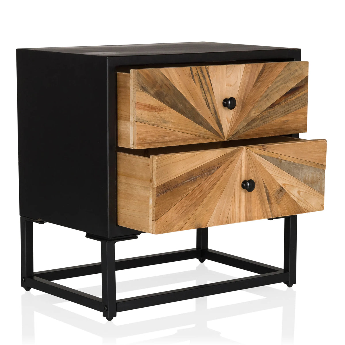 Madia SANTJAGO BLACK SUN S con due cassetti in legno con design a raggi di sole e struttura in metallo nero di hjh LIVING