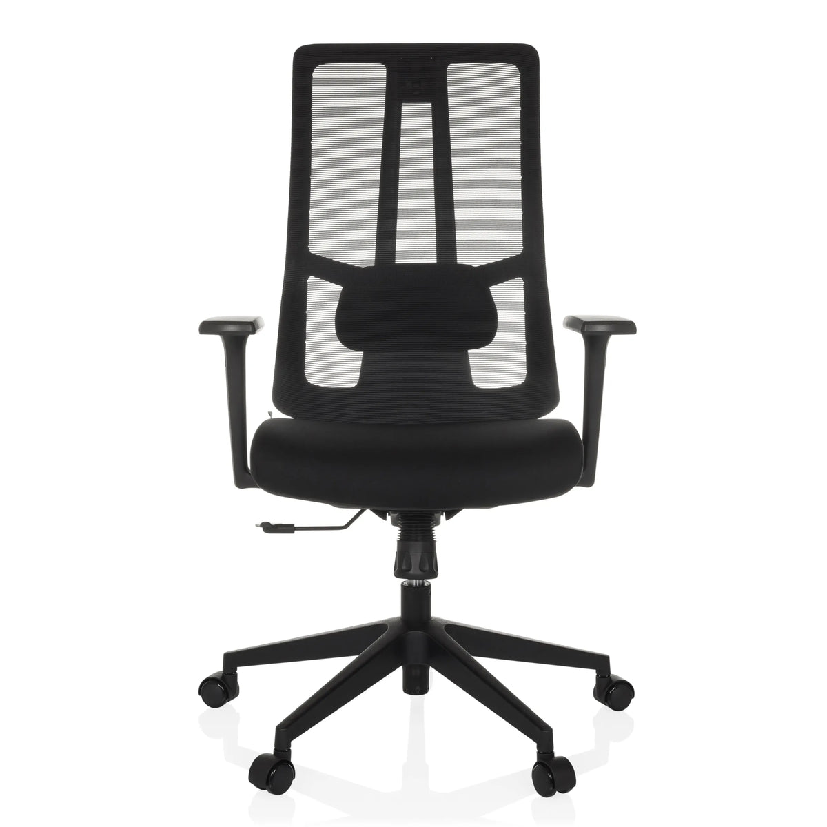 Sedia da ufficio professionale TRAMORE BASE nera con schienale in rete e base a cinque ruote di hjh OFFICE – vista a 360° (vista frontale 0°)