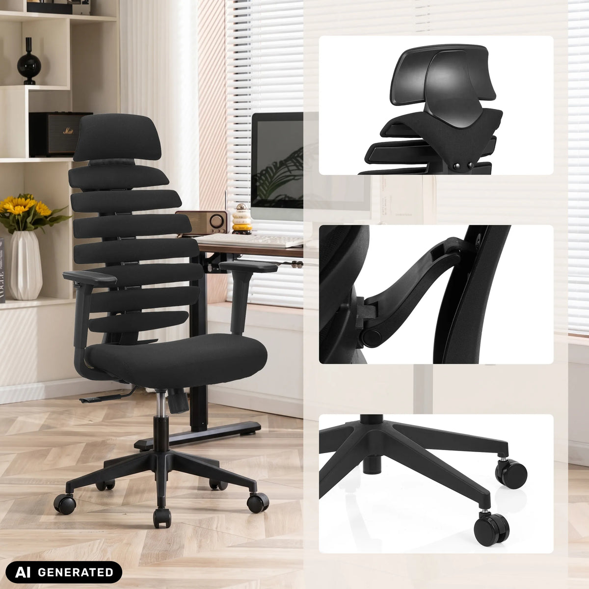 Sedia da ufficio professionale ERGO LINE ECO nera con viste dettagliate di hjh OFFICE (immagine generata dall’IA)