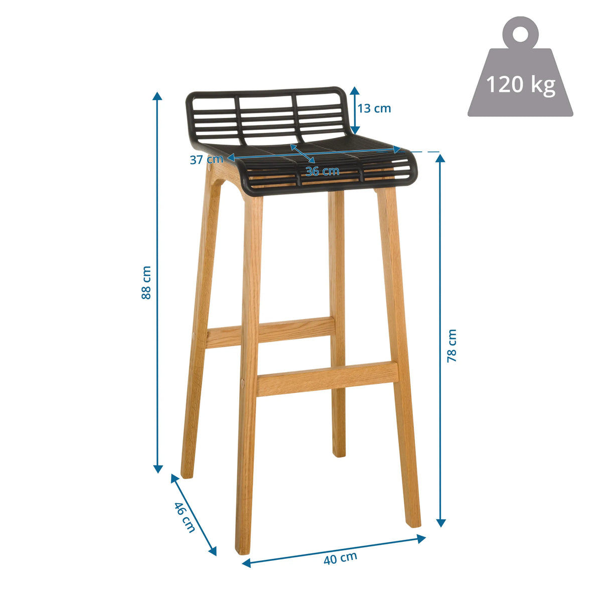 Disegno tecnico dello Sgabello da bar LONSO W con un'altezza di 88 cm e una portata di 120 kg di hjh OFFICE