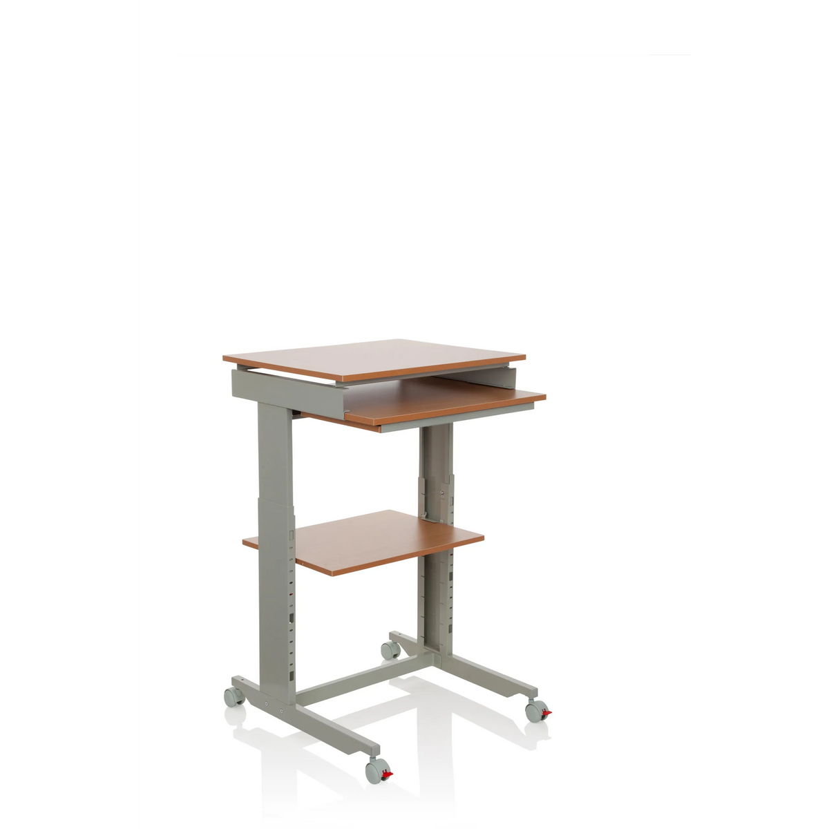 Scrivania in piedi WORKSTATION grigia in faggio con superficie d'appoggio e quattro ruote di hjh OFFICE – vista a 360° (vista frontale a tre quarti 40°)