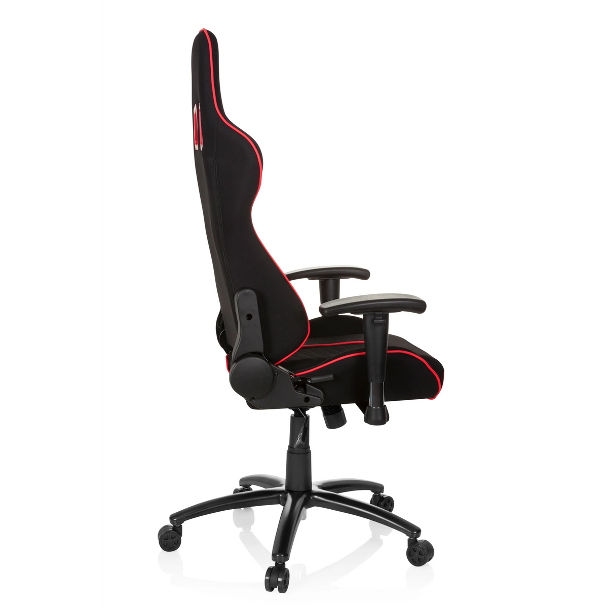 Sedia da gaming LEAGUE PRO I nero-rossa con due aperture per il poggiatesta e base a cinque ruote di hjh OFFICE – vista a 360° (profilo laterale 100°)