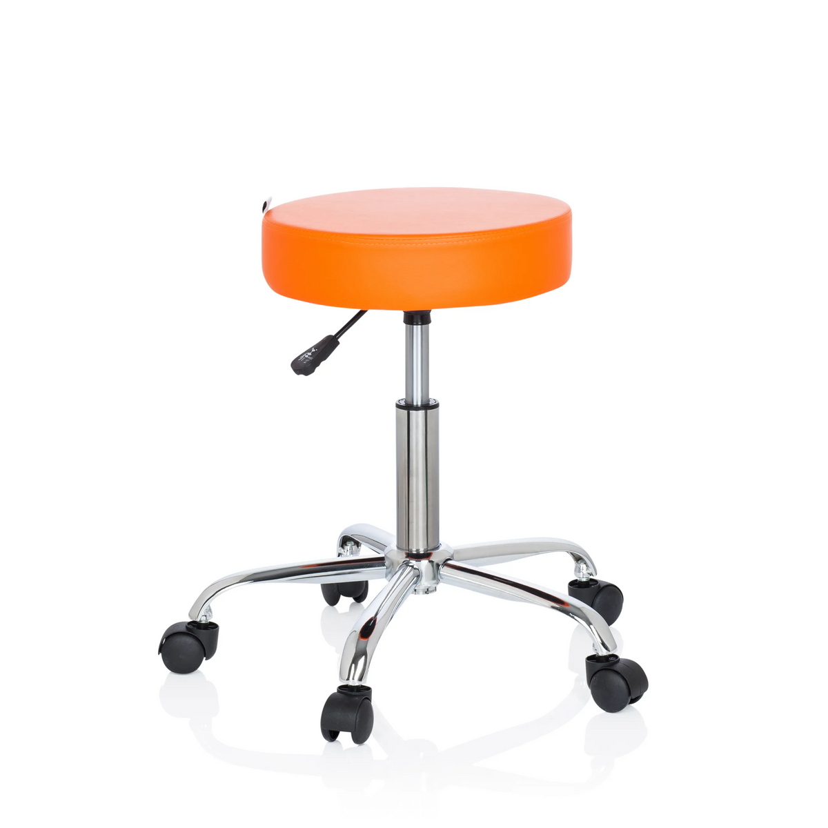 Sgabello girevole arancione OPERATOR II con pistone a gas e base a cinque ruote di hjh OFFICE – vista a 360° (vista frontale 20°)