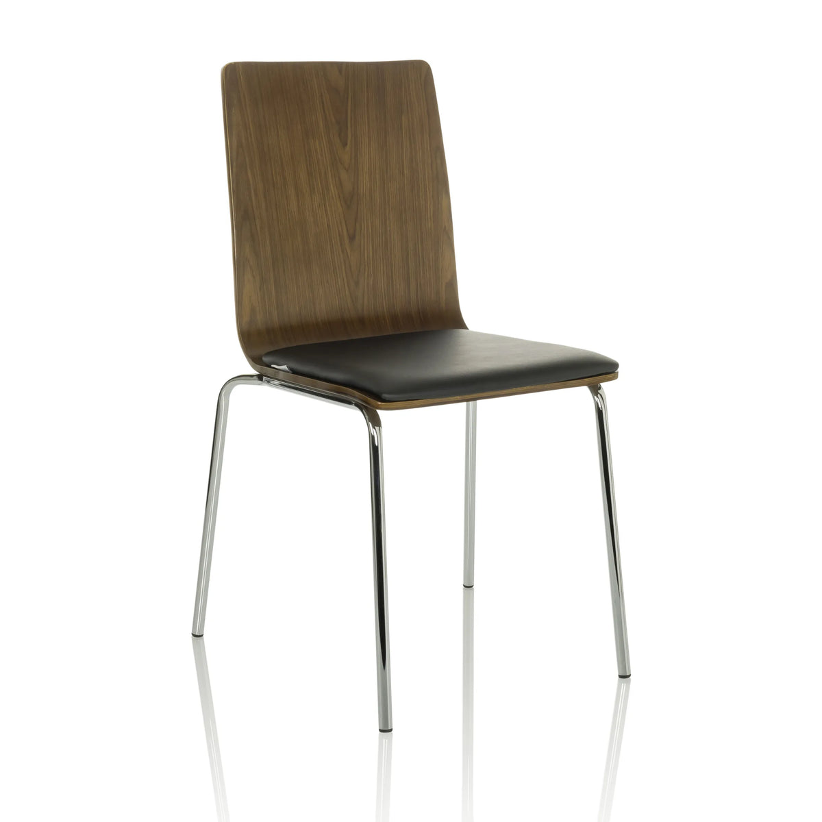 Sedia visitatore nera PERIA con schienale in legno marrone e gambe cromate di hjh OFFICE – vista a 360° (vista frontale a tre quarti 30°)
