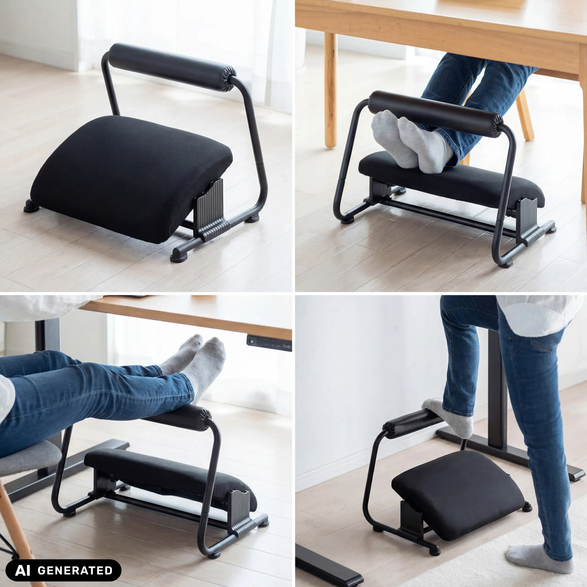 Poggiapiedi regolabile Podi Velvet in nero in diverse posizioni di hjh OFFICE (immagine generata dall’IA)
