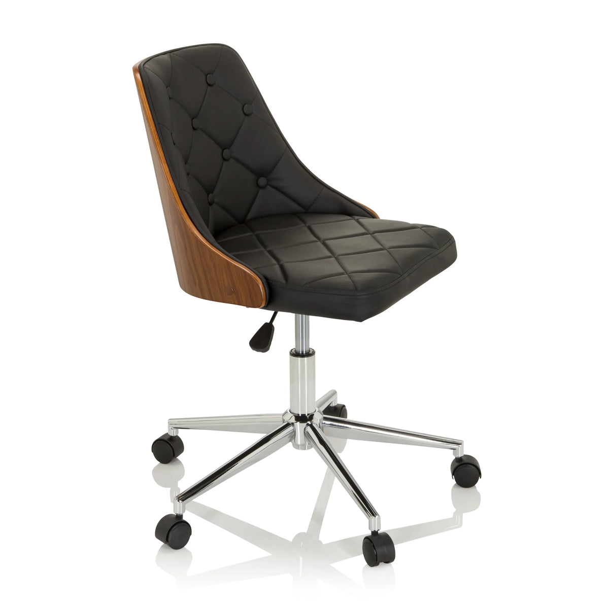 Sedia Home Office CENCA nera con imbottitura trapuntata e base a cinque ruote di hjh OFFICE – vista a 360° (vista frontale a tre quarti 60°)