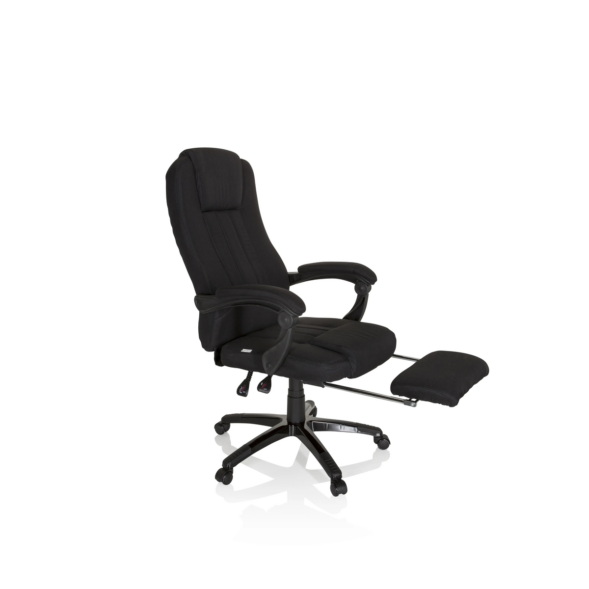 Schwarzer Homeoffice Chefsessel RELAX CL190 mit Armlehnen und Fußkreuz mit fünf Rollen von MyBuero – 360-Grad-Ansicht (schräge Frontansicht 60°)