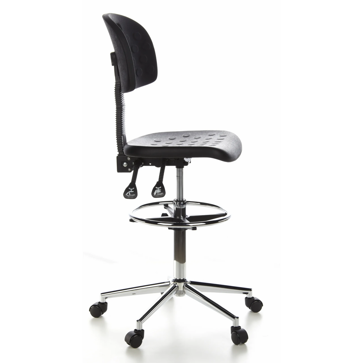 Sedia da banco nera TOP WORK 23 con poggiapiedi e base a cinque ruote di hjh OFFICE – vista a 360° (profilo laterale 80°)