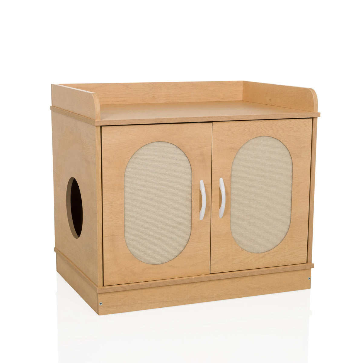 Buchenfarbenes Katzenhaus KITTYHOME 2 mit zwei Türen, ovalen Öffnungen und einer Ablage von hjh LIVING – 360-Grad-Ansicht (Frontansicht 15°)