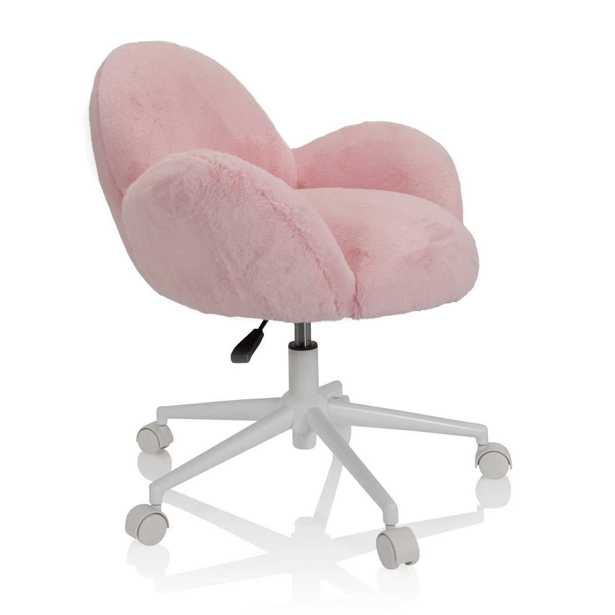 Sedia girevole per bambini KID TEDDY rosa con rivestimento soffice e base bianca a cinque ruote di hjh OFFICE – vista a 360° (vista frontale a tre quarti 60°)