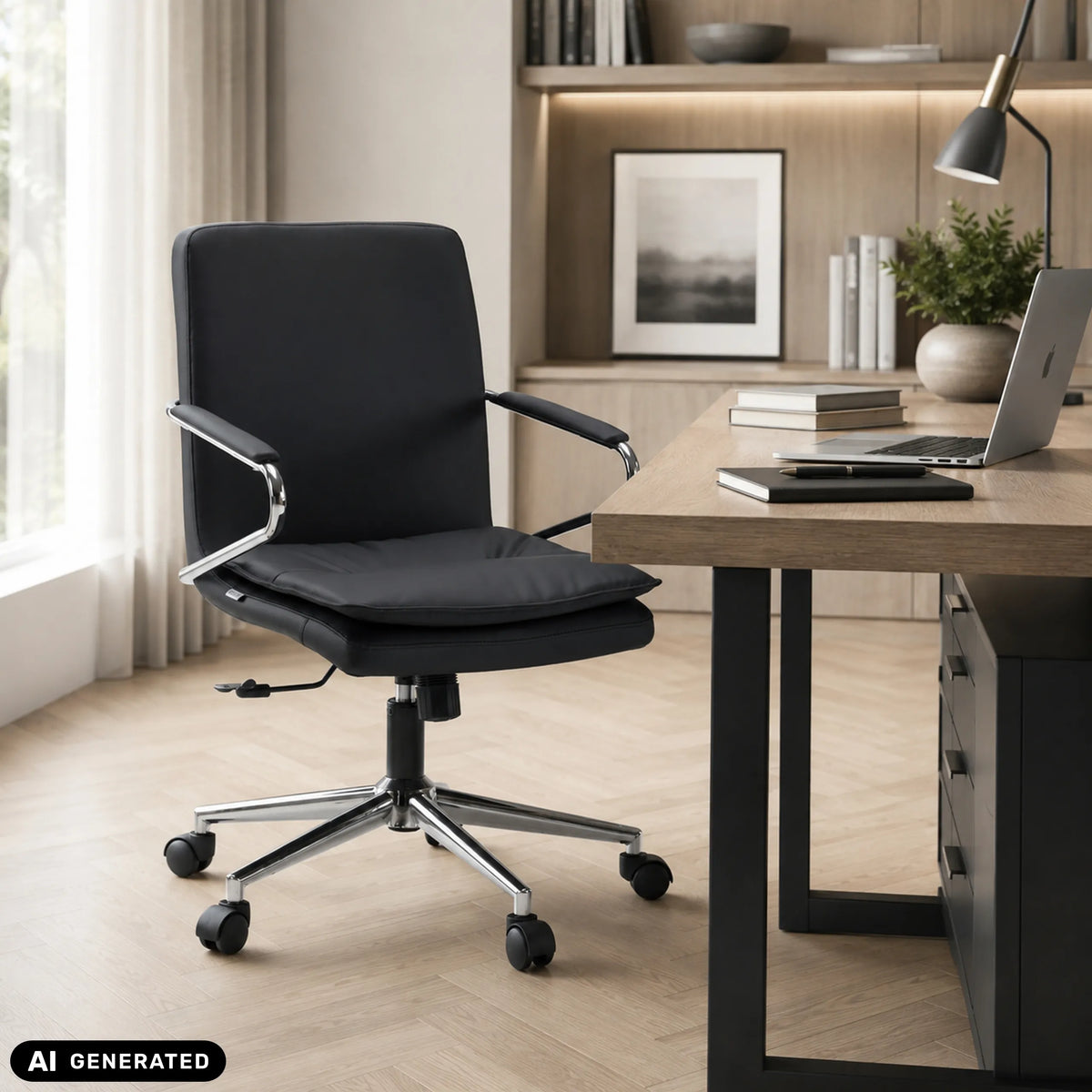 Sedia Home Office Rovento nera con braccioli e base a stella con rotelle di hjh OFFICE (immagine generata dall’IA)