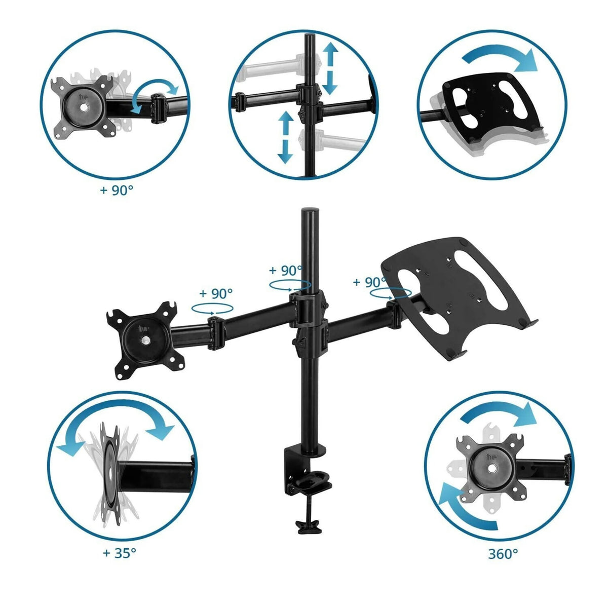 Verstellmöglichkeiten der Monitorhalterung VM-MH2 mit Dreh- und Neigefunktionen von hjh OFFICE