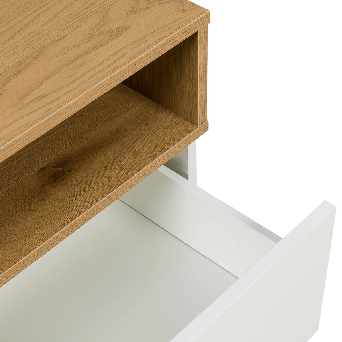 Ripiano aperto e cassetto bianco del Tavolino MELMO in rovere e bianco di hjh LIVING