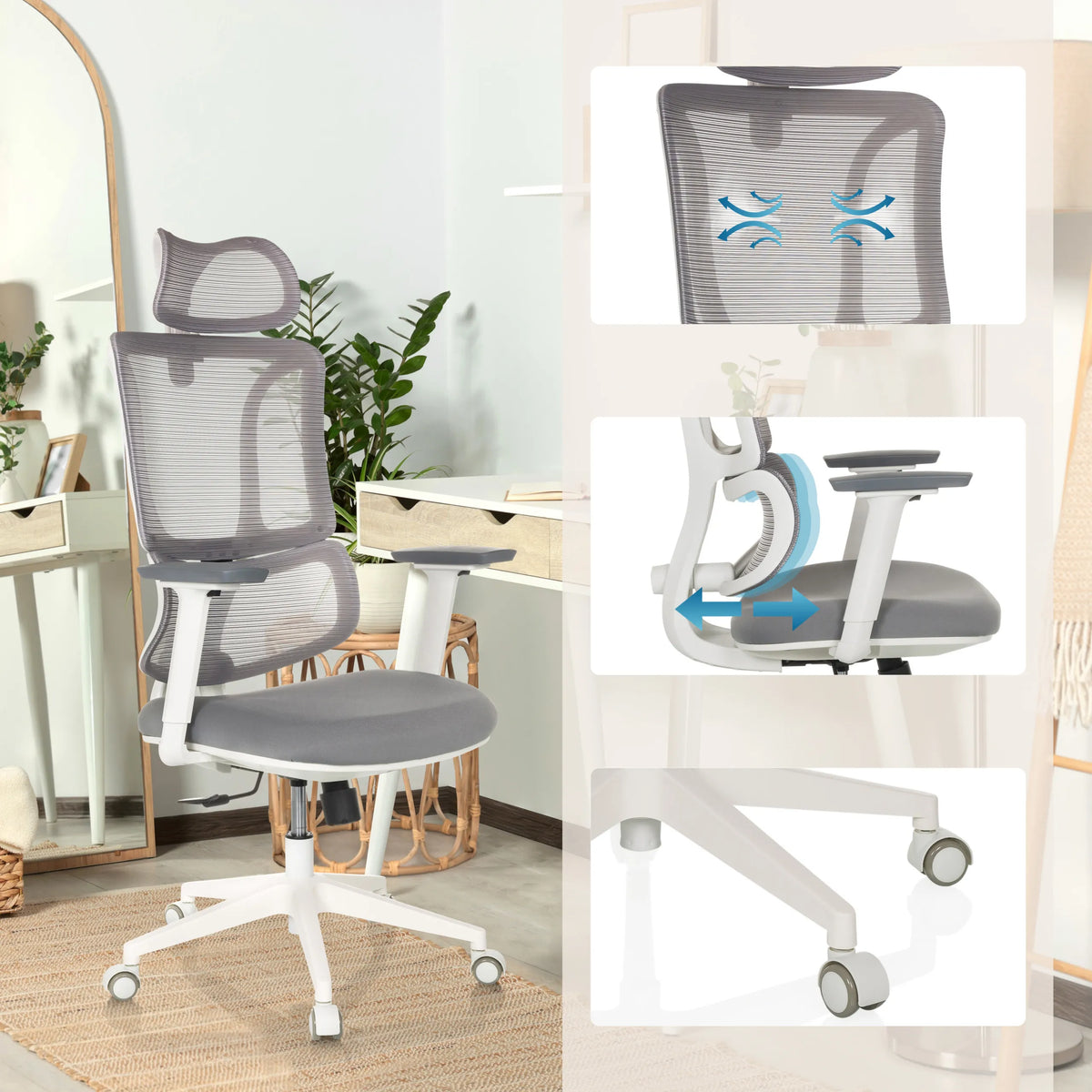 Sedia da ufficio professionale ERGOMY W in grigio e bianco con schienale in rete, meccanismo reclinabile e base a stella di MyBuero