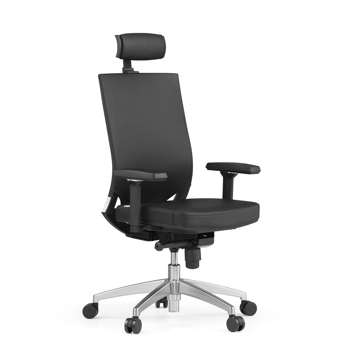 Sedia da ufficio professionale PORTO MAX HIGH nera in pelle con poggiatesta e base a cinque ruote di hjh OFFICE – vista a 360° (vista frontale a tre quarti 45°)